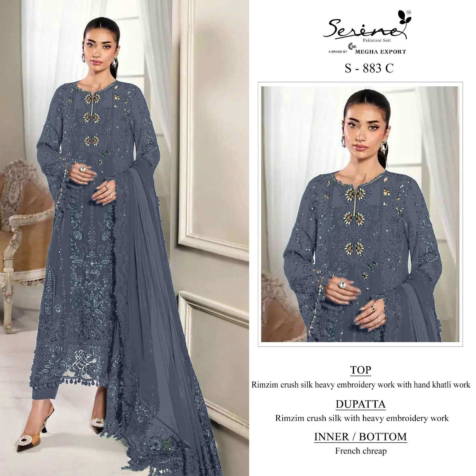 SERINE S 883 RIMZIM CRUSH SILK EMBROIDERED PATTERN PAKISTANI...
