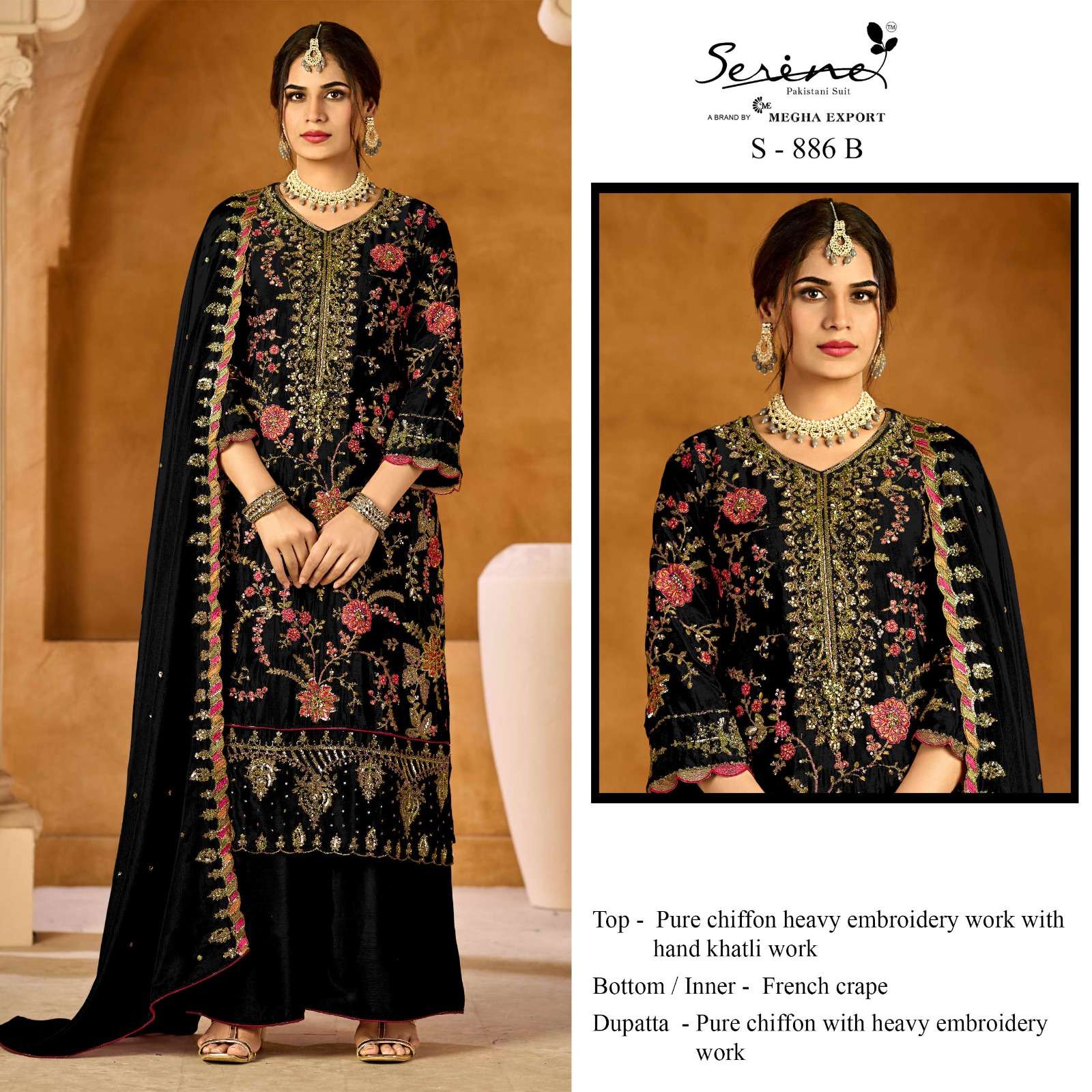SERINE S 886 PURE CHIFFON KHATLI WORK PAKISTANI PATTERN 3 PI...