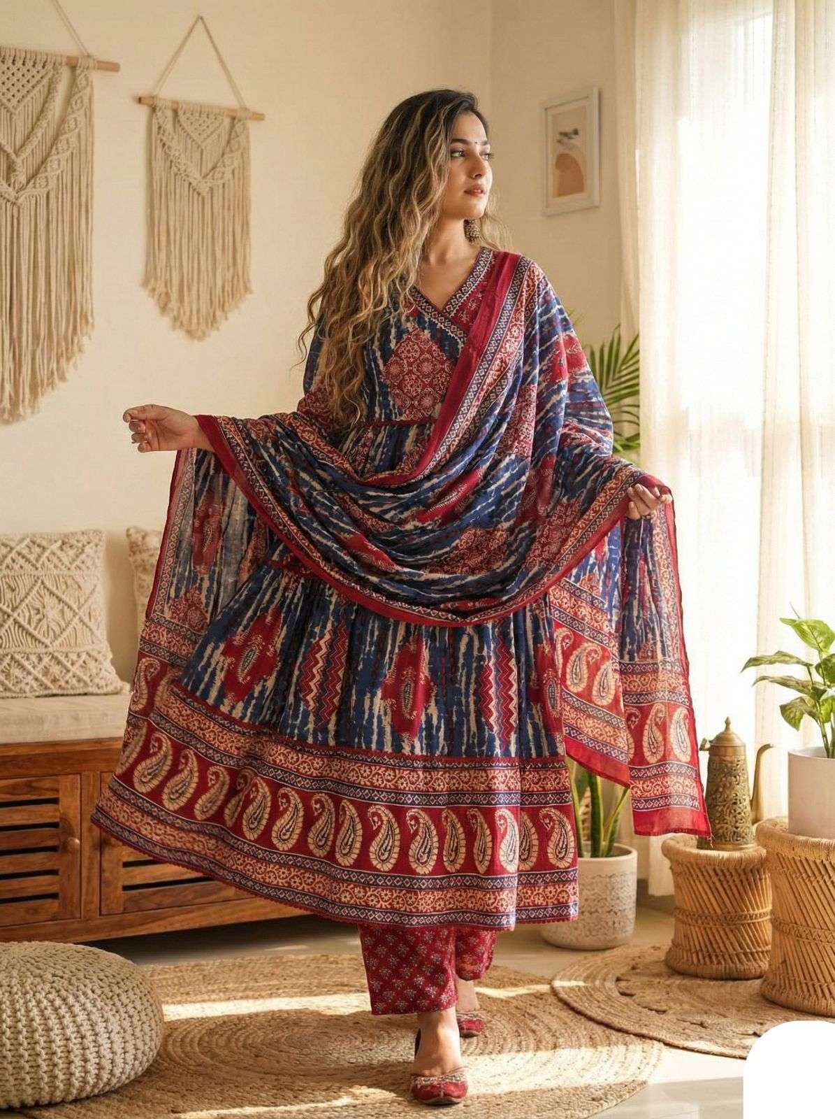 SHOWROOM PIECE COTTON FLAIRED BLOCK PRINT SUIT FESTIVAL DEAL...