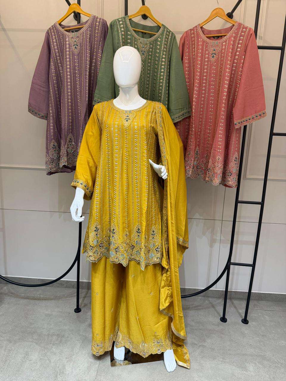 SHREE FABS SR 1956 CHINON HEAVY EMBROIDERY KURTI PALAZZO SUI...