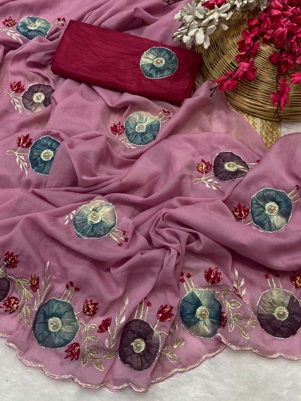 SK006 star georgette with beautiful hand work peach Butta an...
