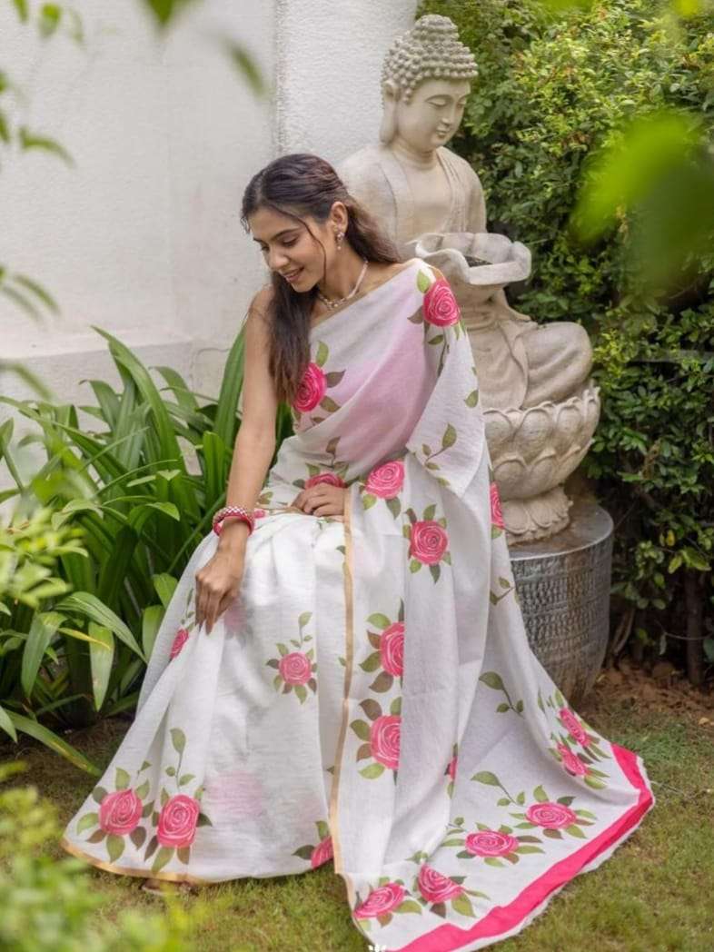   SOFT AND PURE LINEN FABRIC BEAUTIFUL ROSH FLOWER COLOR AND...
