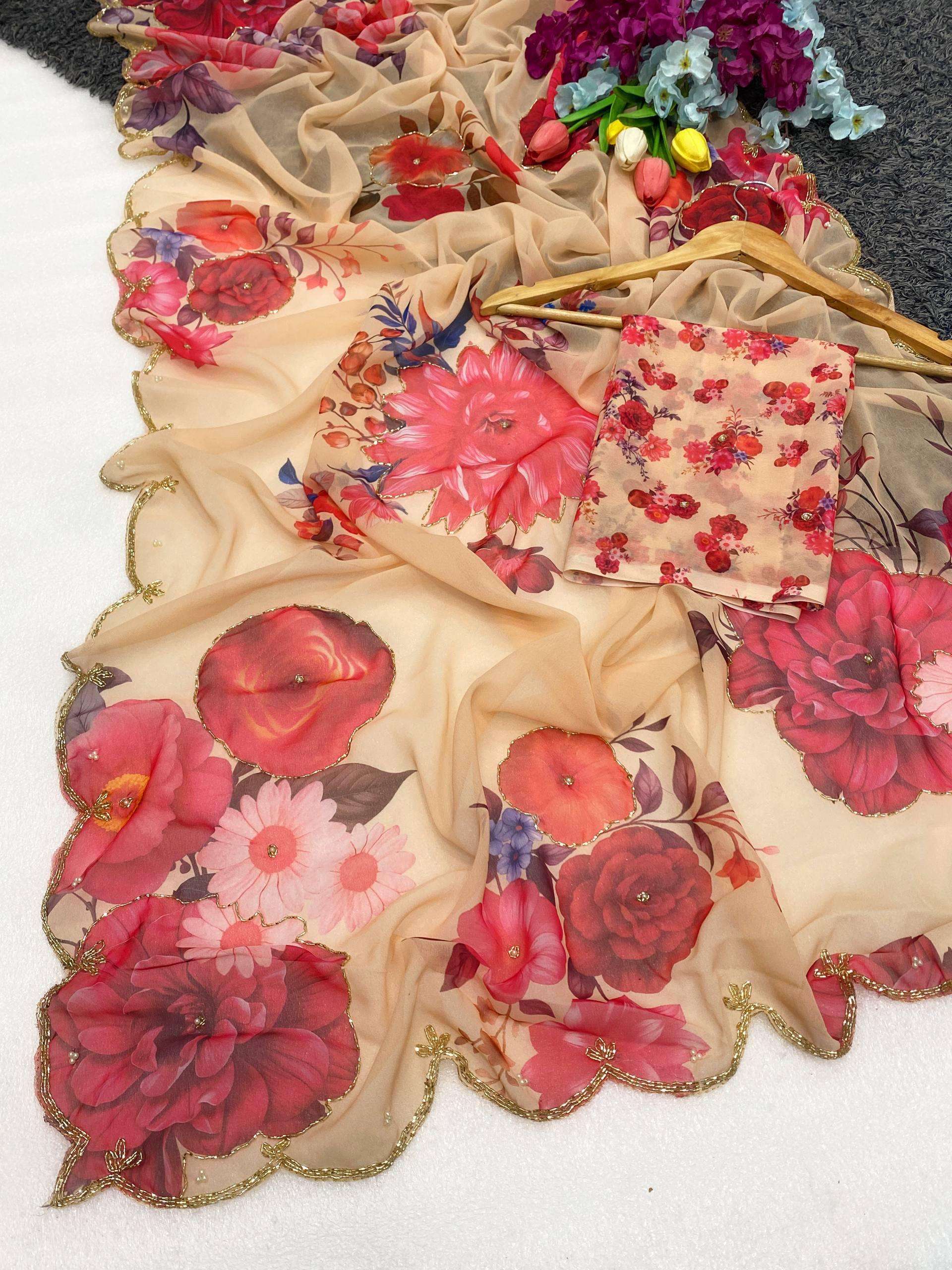Soft pure Georgette handwork all over Digital print with Kha...