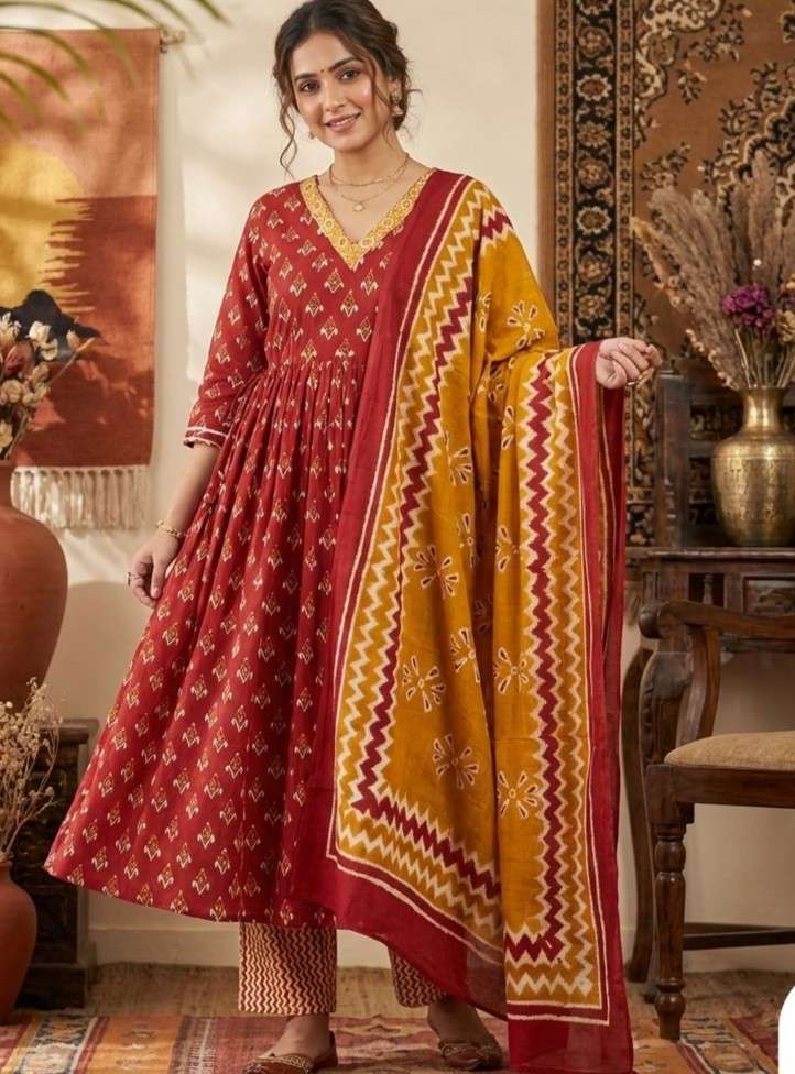 SPECIAL LOOK STRAIGHT RED ANARKALI KURTI SET NEW STYLE COTTO...