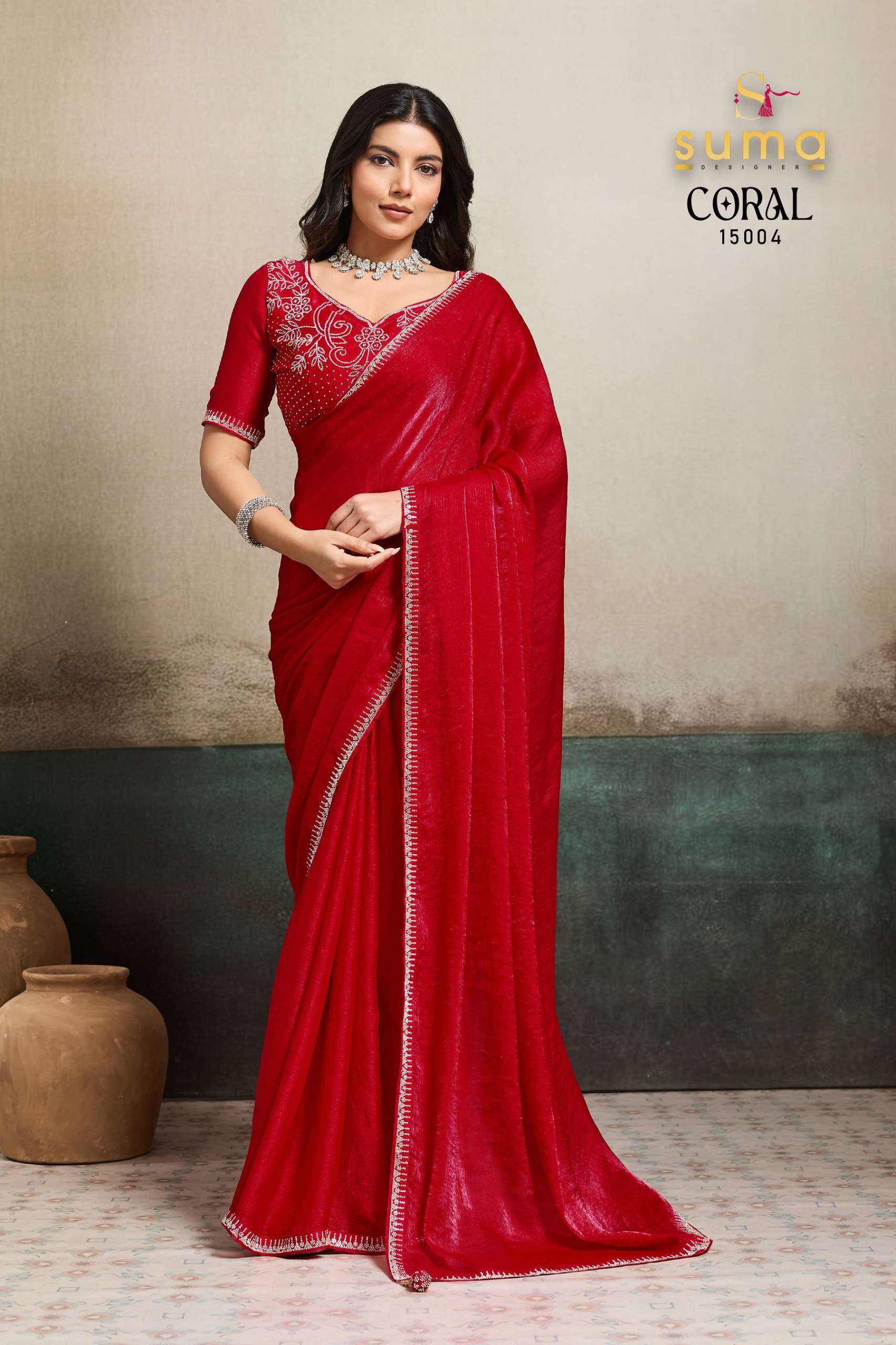 SUMA CORAL SOFT FANCY CHIFFON BLOOMING FABRIC WITH UNVEIL AN...