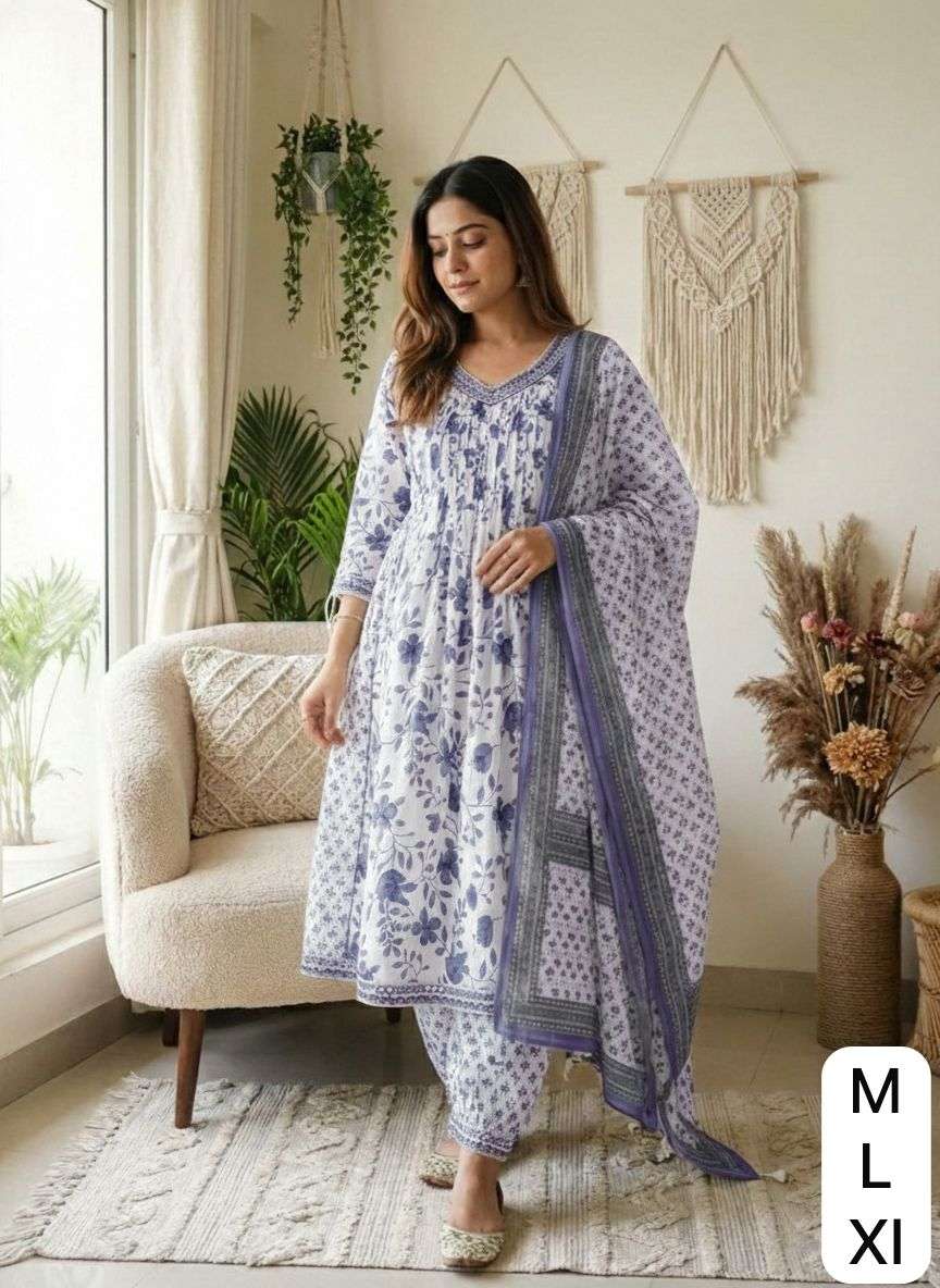 LADY COTTON FLORAL PRINT ANARKALI STYLE SUIT READYMADE LOW P...