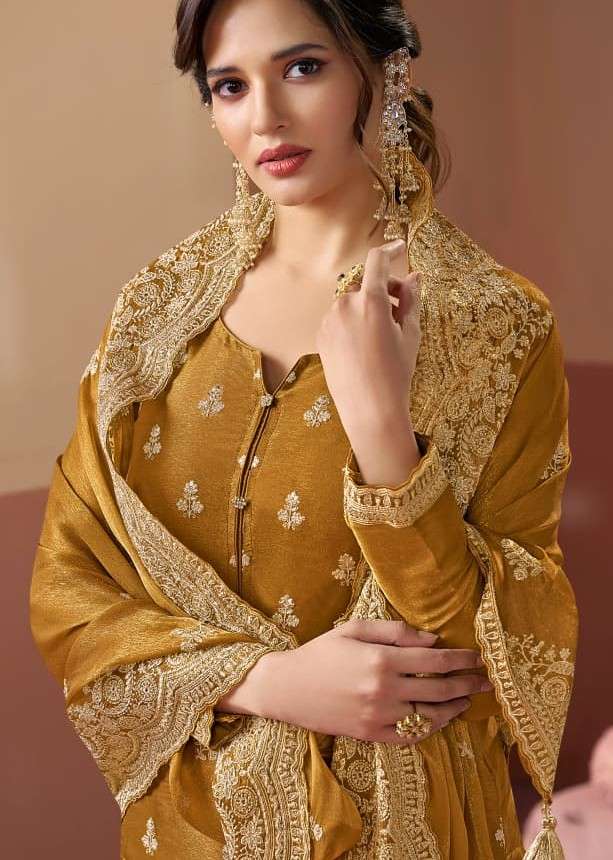 VINAY KALIKA GOLD SILK HEAVY EMBROIDERY SALWAR SUIT UNSTITCH...