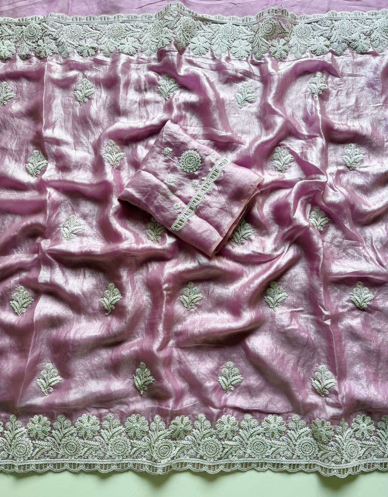  white net Soft Fancy Satin Fabric With Heavy White Thread r...