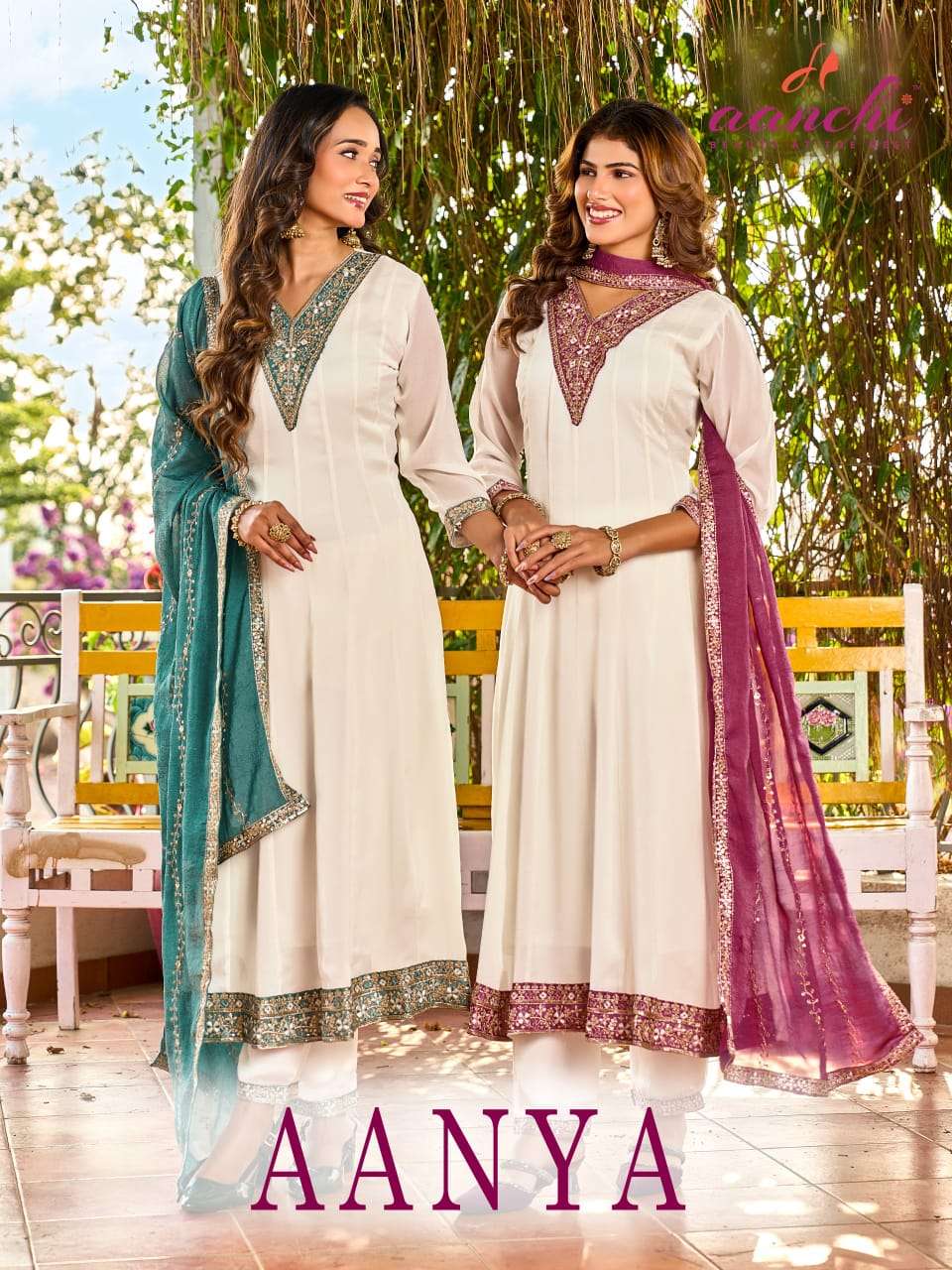 AANCHI AANYA WHITE ANARKALI SUIT SILK EMBROIDERY WORK DUPATT...