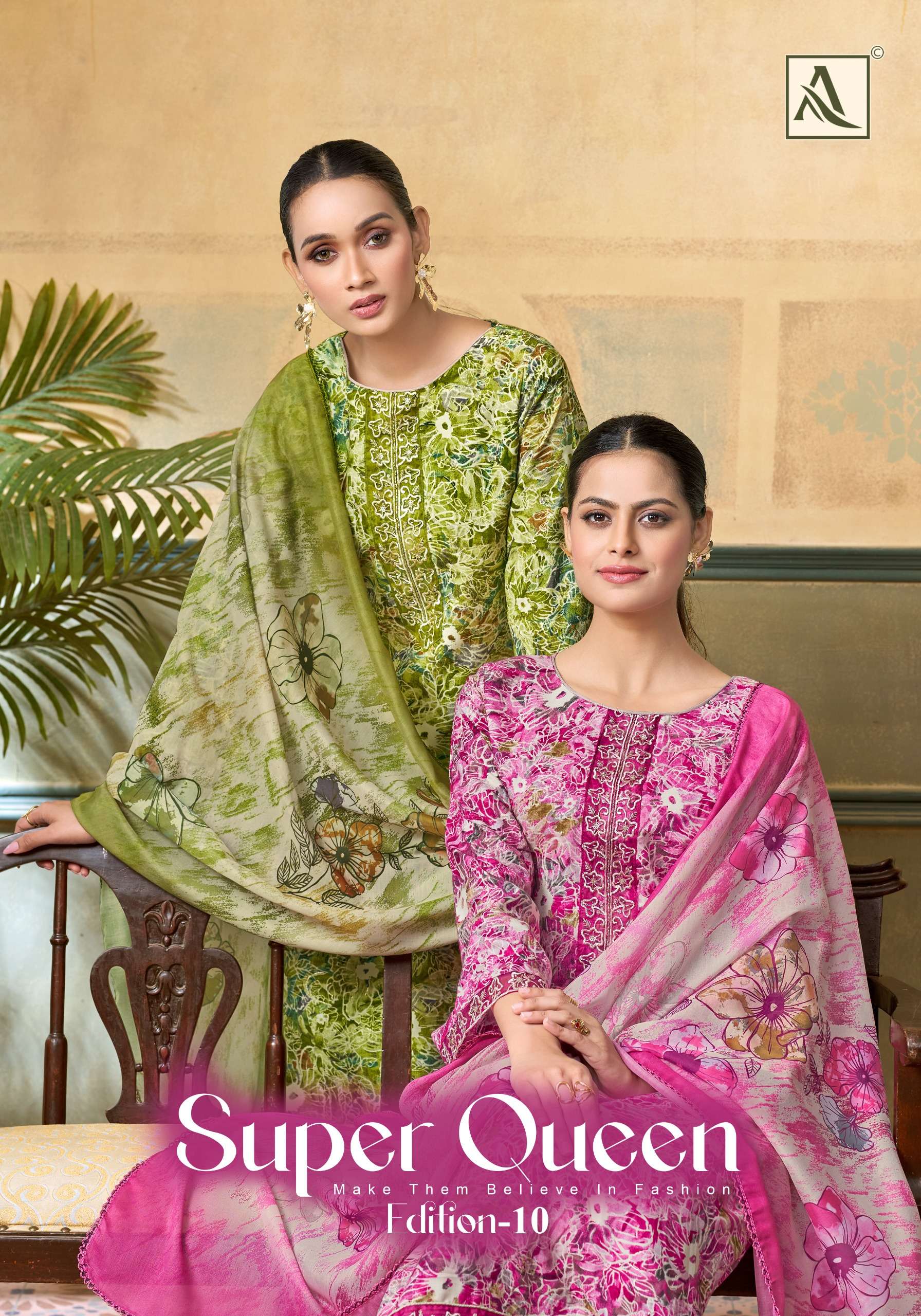 ALOK SUIT SUPER QUEEN VOL 10 RAYON PRINT WITH NECK DAMAN WOR...