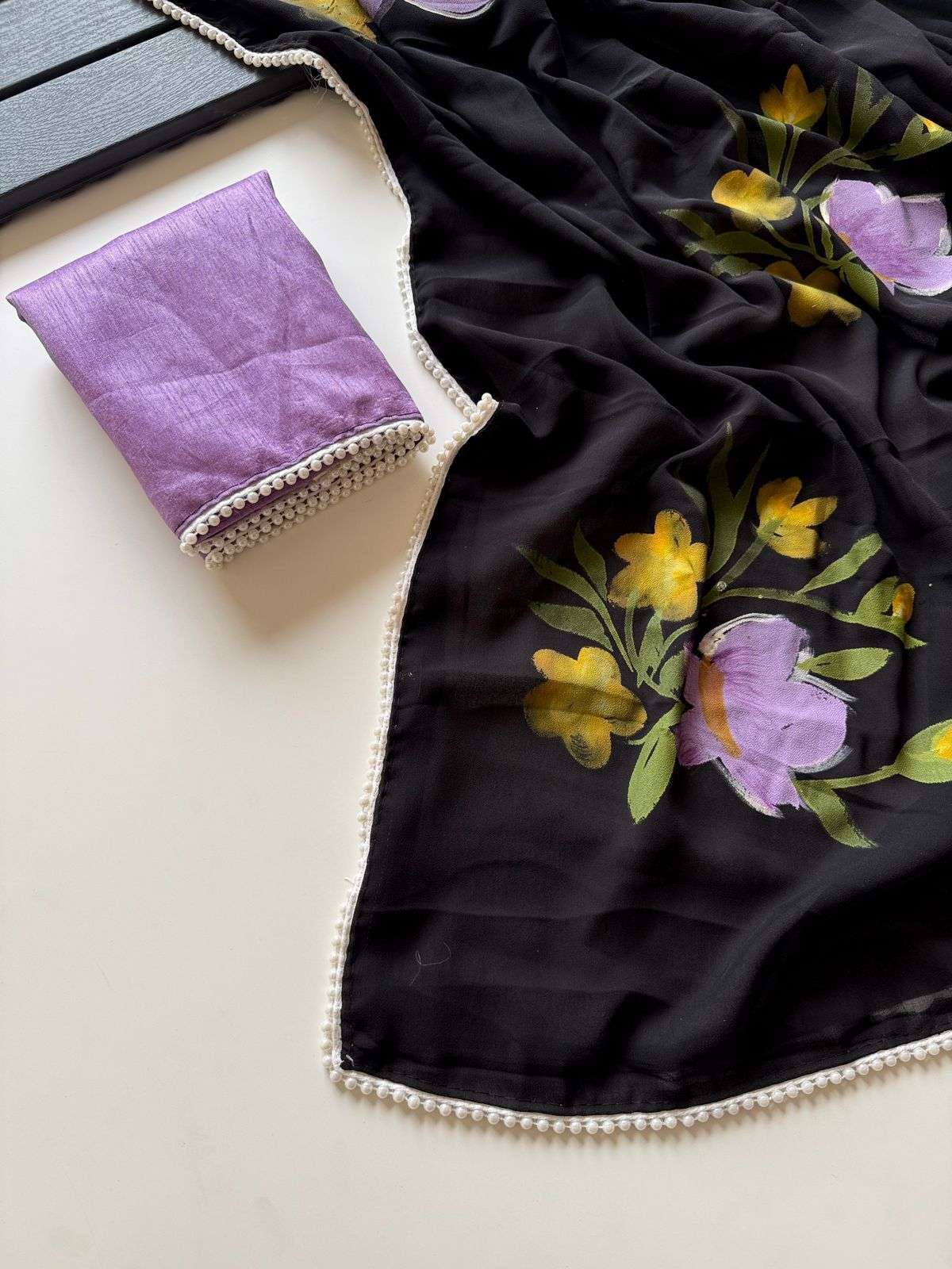 Blackish Georgette Fabric With Beautiful Floral Hand brush P...