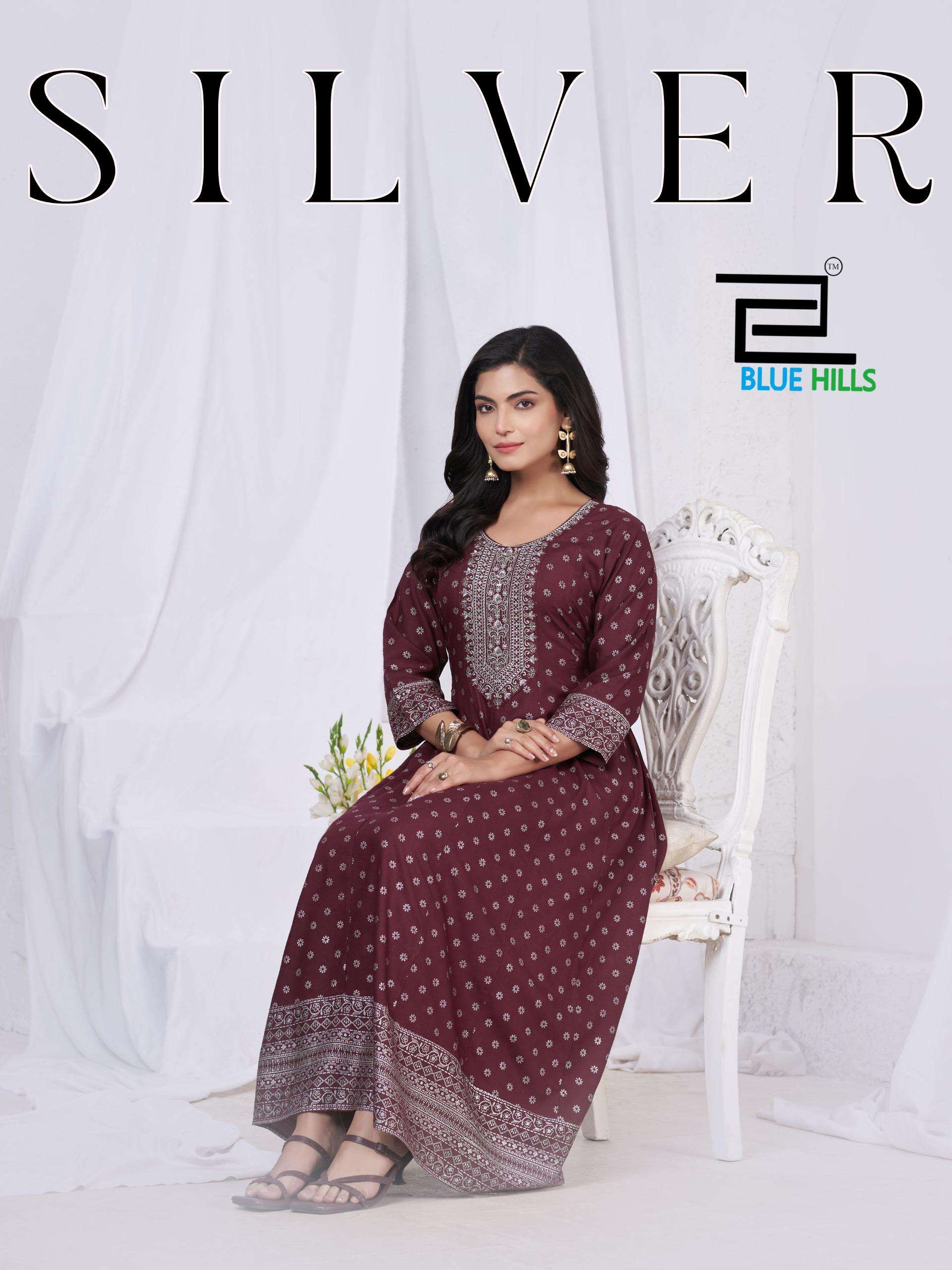 BLUE HULLS SILVER RAYON 14KG ANARKALI GOWN WITH CLASSIC NECK...