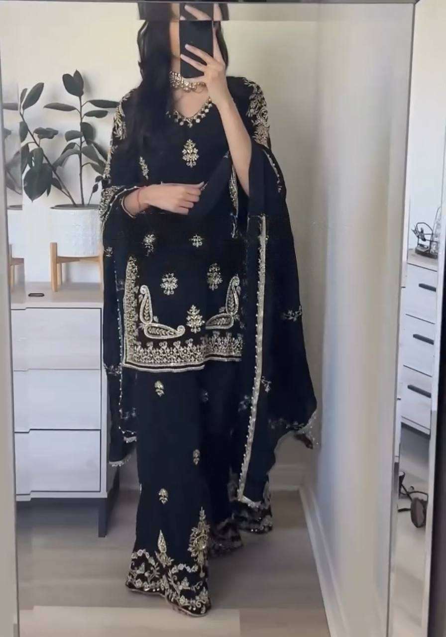 BOLLYWOOD PARTY WEAR SILK 5MM SEQUENCE BLACK TOP PALAZZO SUI...