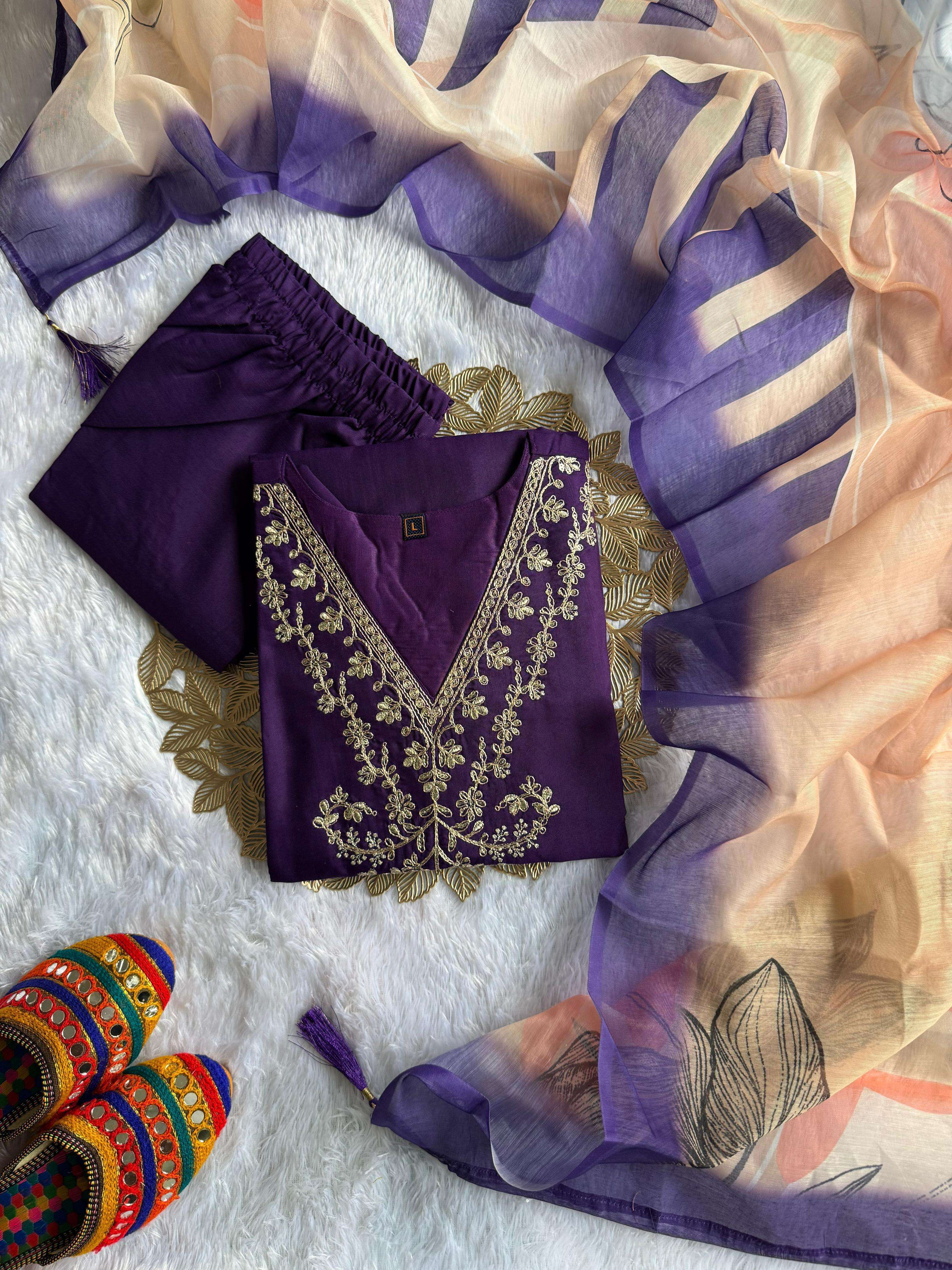 BOUTIQUE DRESS RAYON BEAUTIFUL WORK STITHCED PURPLE SUIT DEA...