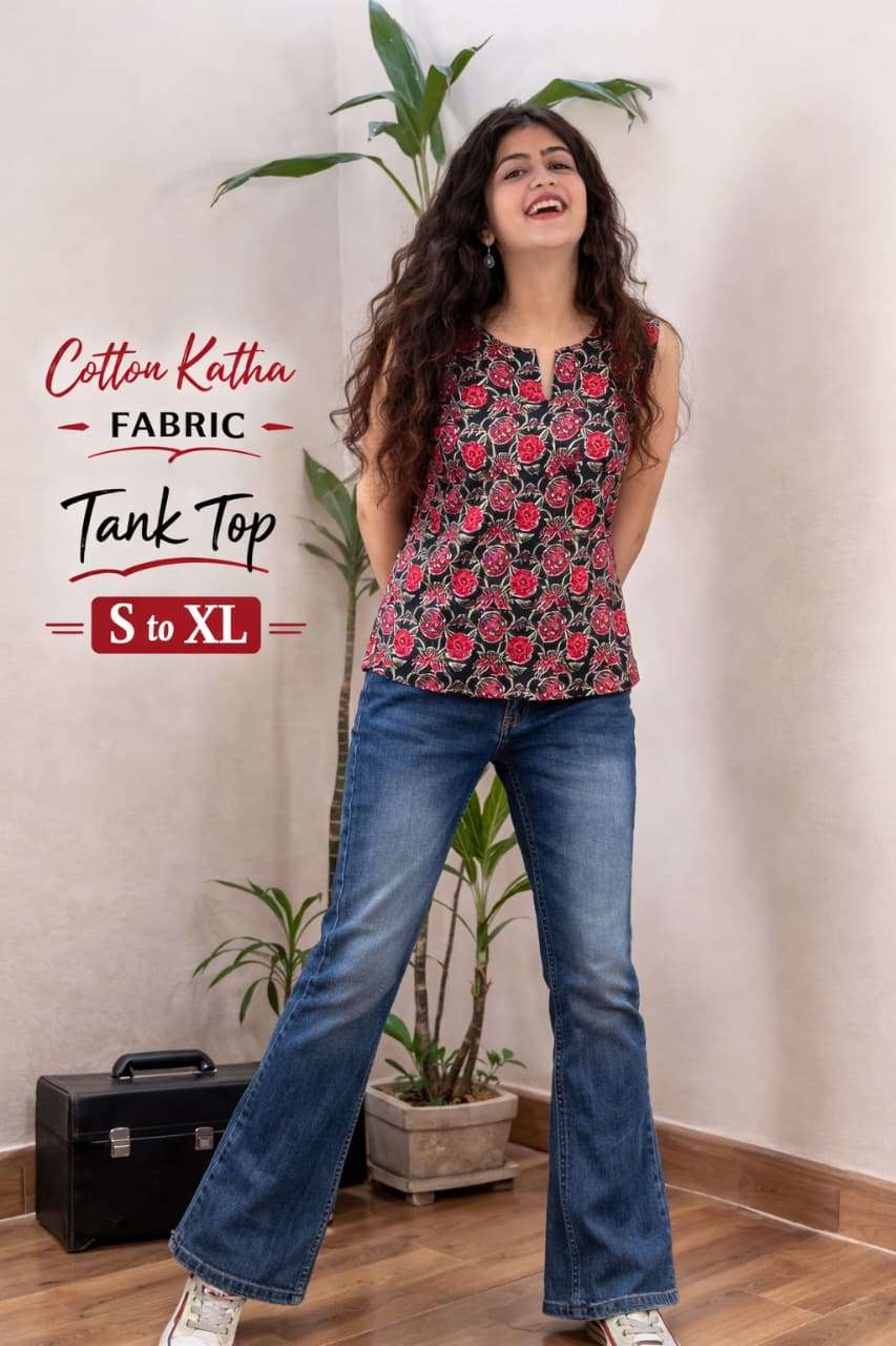 COTTON KATHA FABRIC TANK TOP NEW PATTERN NECK CUT SHORT TOP ...