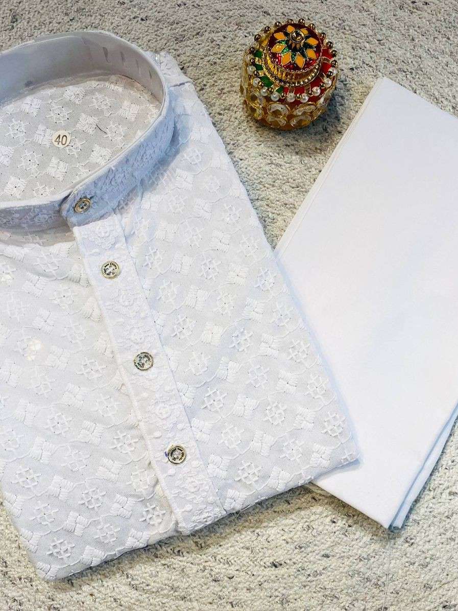 DHURANDHAR INDIAN TRADITIONS CHIKAN WORK KURTA COTTON PAYJAM...