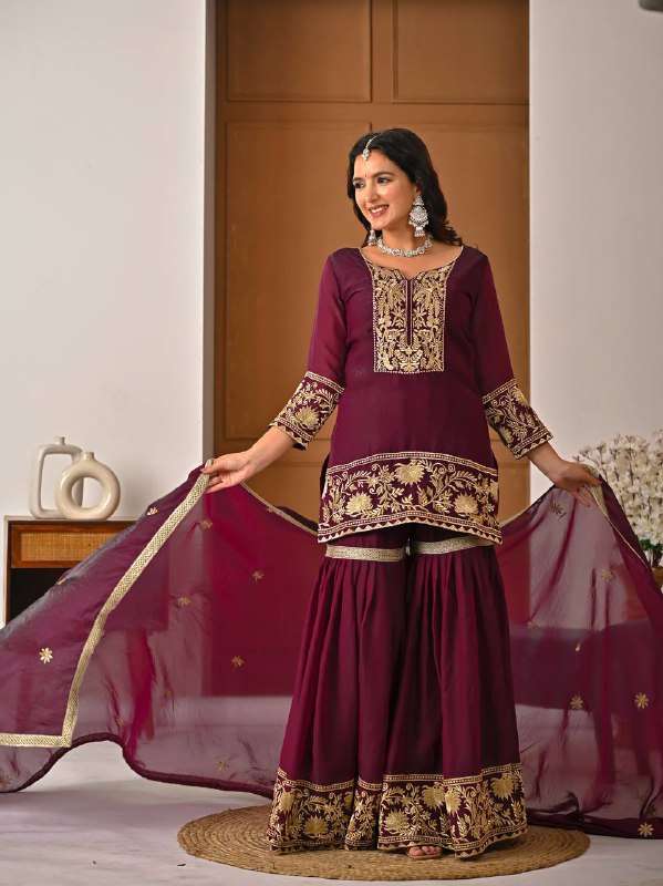 EID OUTFIT SILK MATERIAL EMBROIDERY READYMADE SHARARA SUIT A...