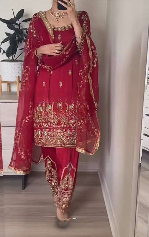 EID PARTY WEAR SILK FABRIC SEQUENCE WORK RED TOP PANT SUIT A...