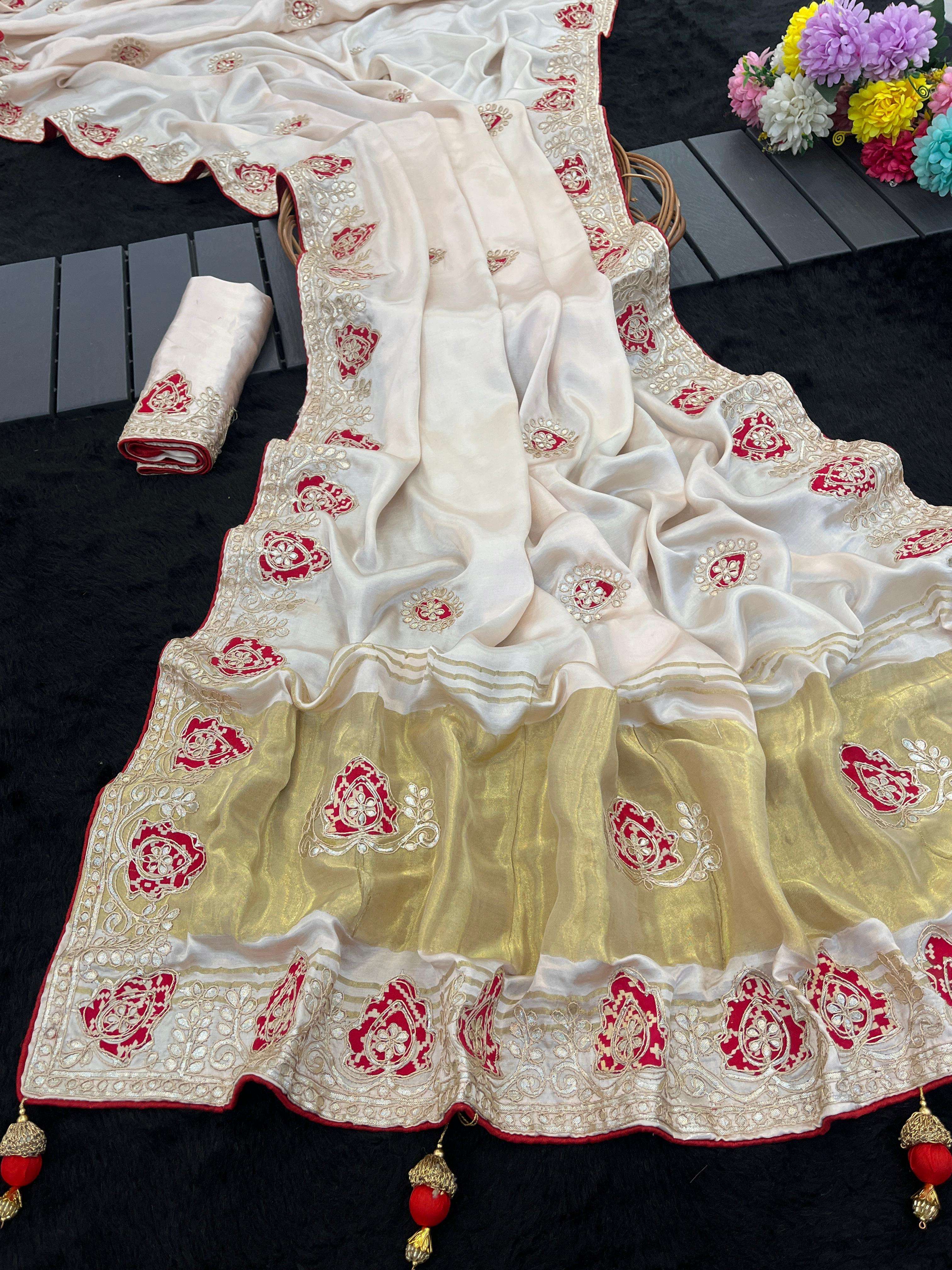 fancy Gaji Silk fabric With Gota Pure Lagadi Patta Hand Work...