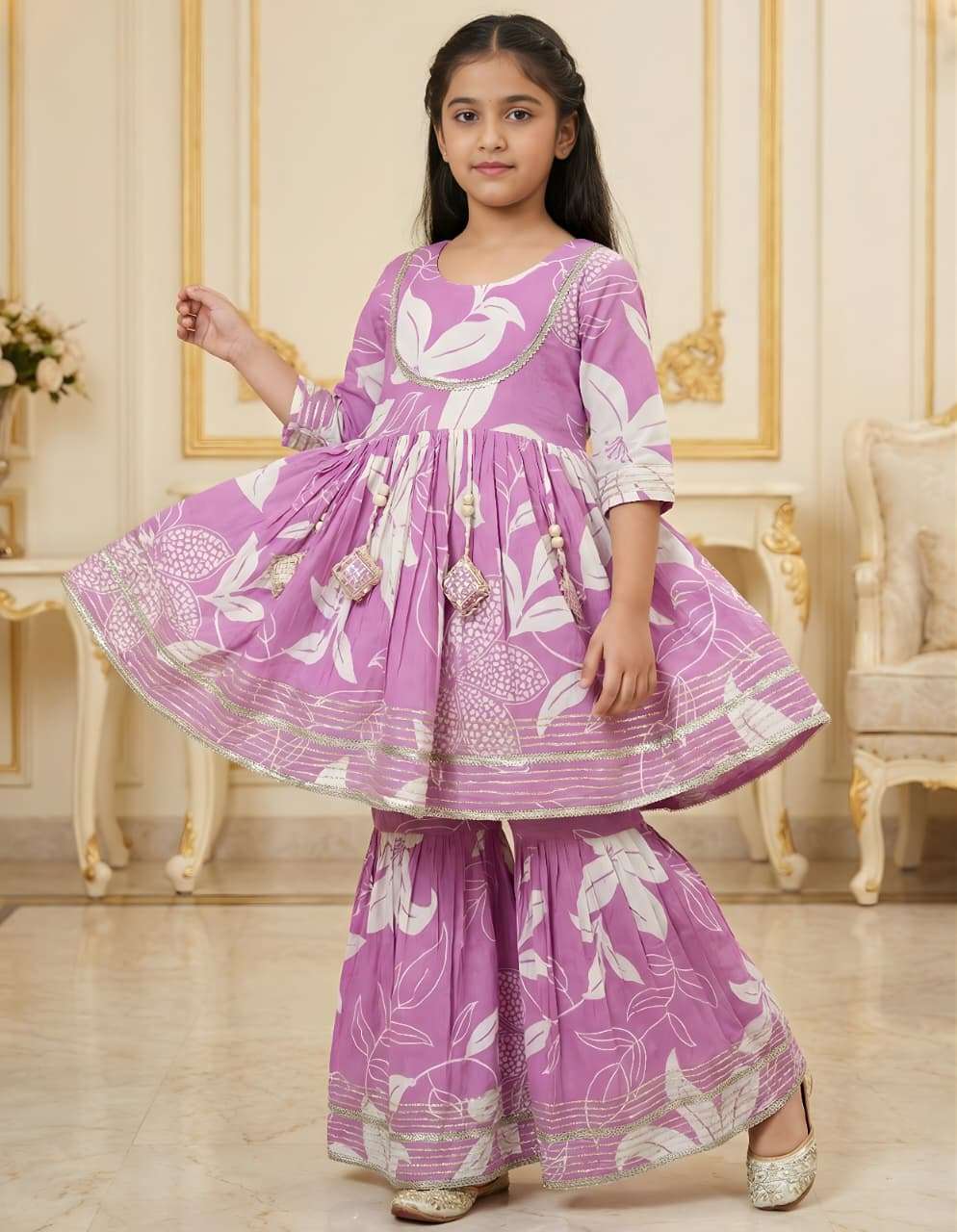 FLOWER PRINT KIDS KURTA KEDIYA SHARARA SUIT AT FESTIVAL SPEC...