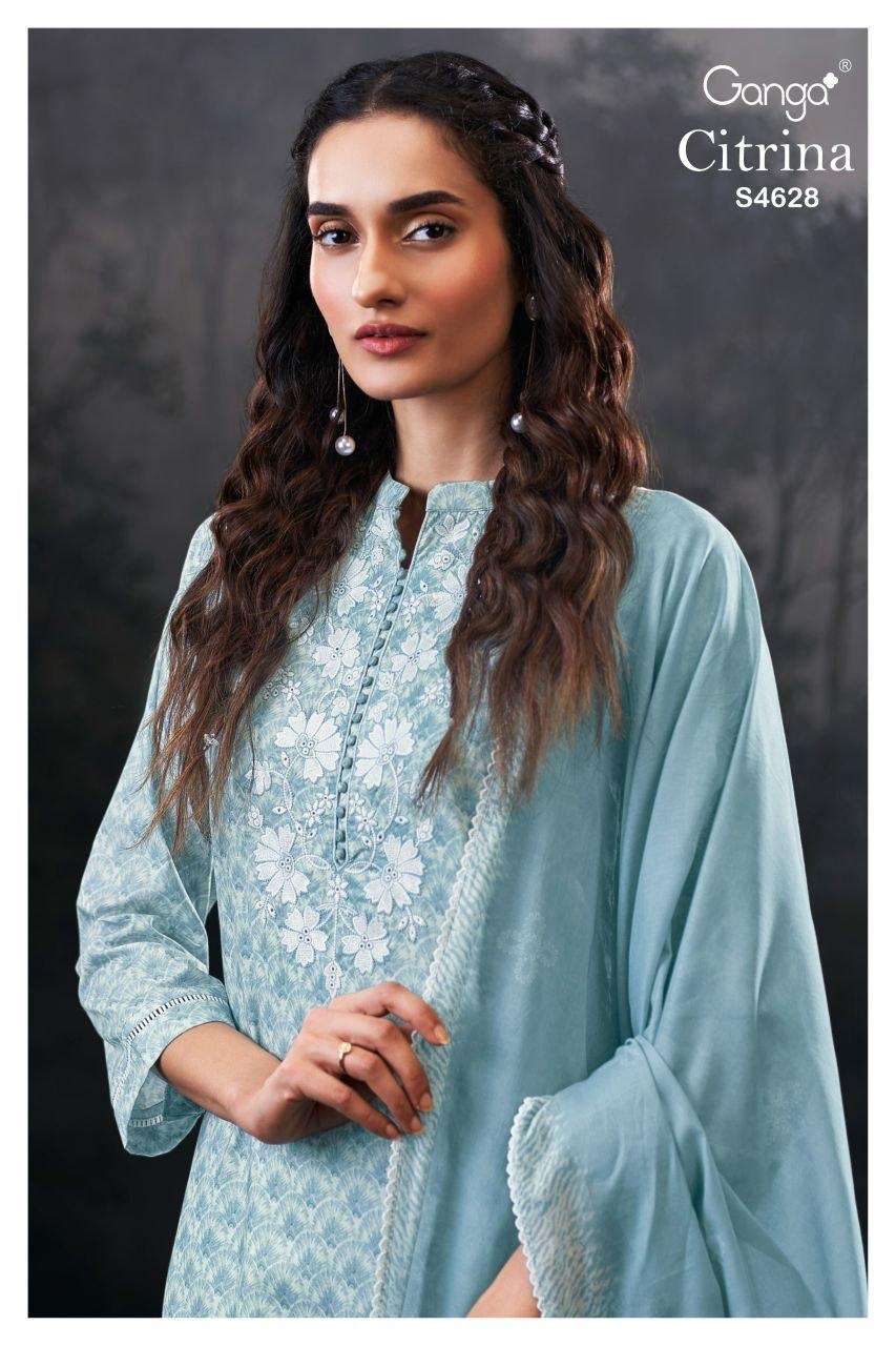 GANGA CITRINA 4628 COTTON PRINTED AND SCHIFFLI WORK DAMAN AN...