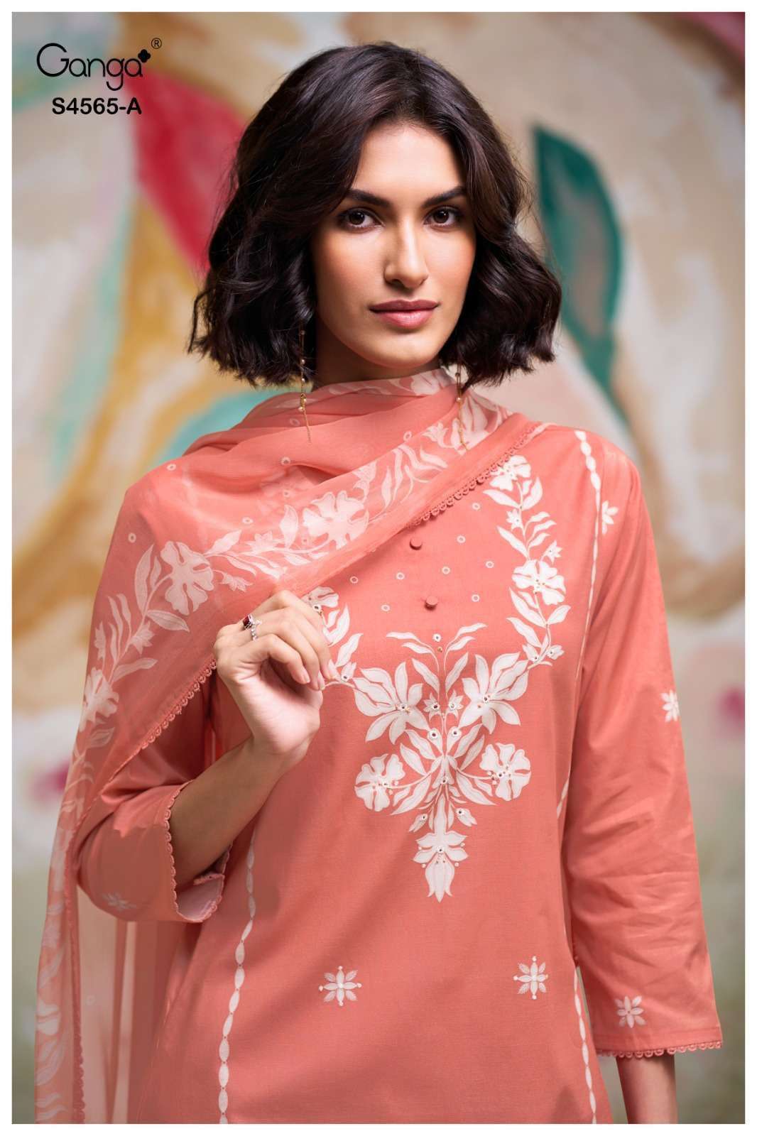 GANGA ISHVYA 4565 COTTON SATIN PRINTED SCHIFFLI EMBROIDERY S...