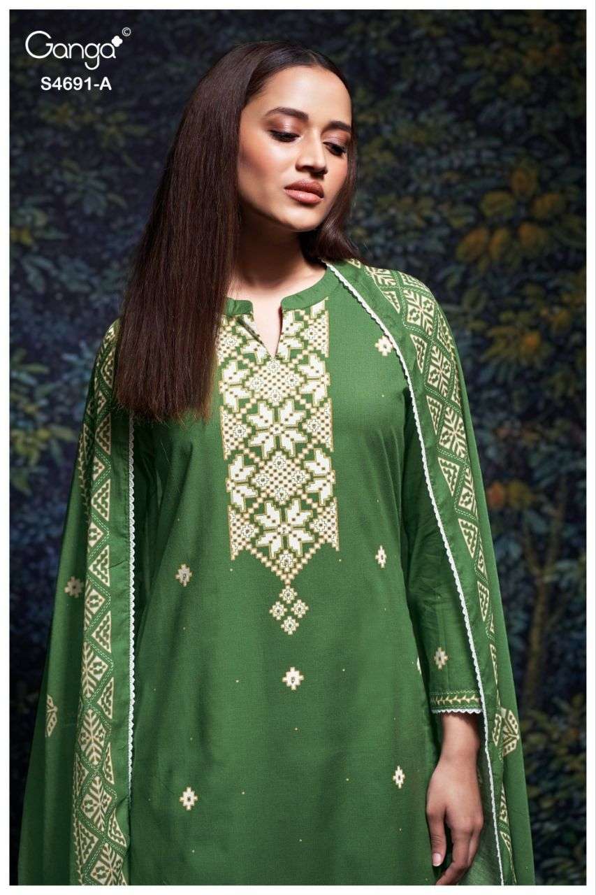 GANGA JUVIRA 4691 BRANDED COTTON PRINTED SCHIFFLI WORK DRESS...