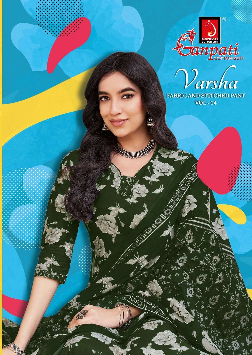GANPATI VARSHA VOL 14 STITCHED COTTON PRINTED KURTI PANT WIT...