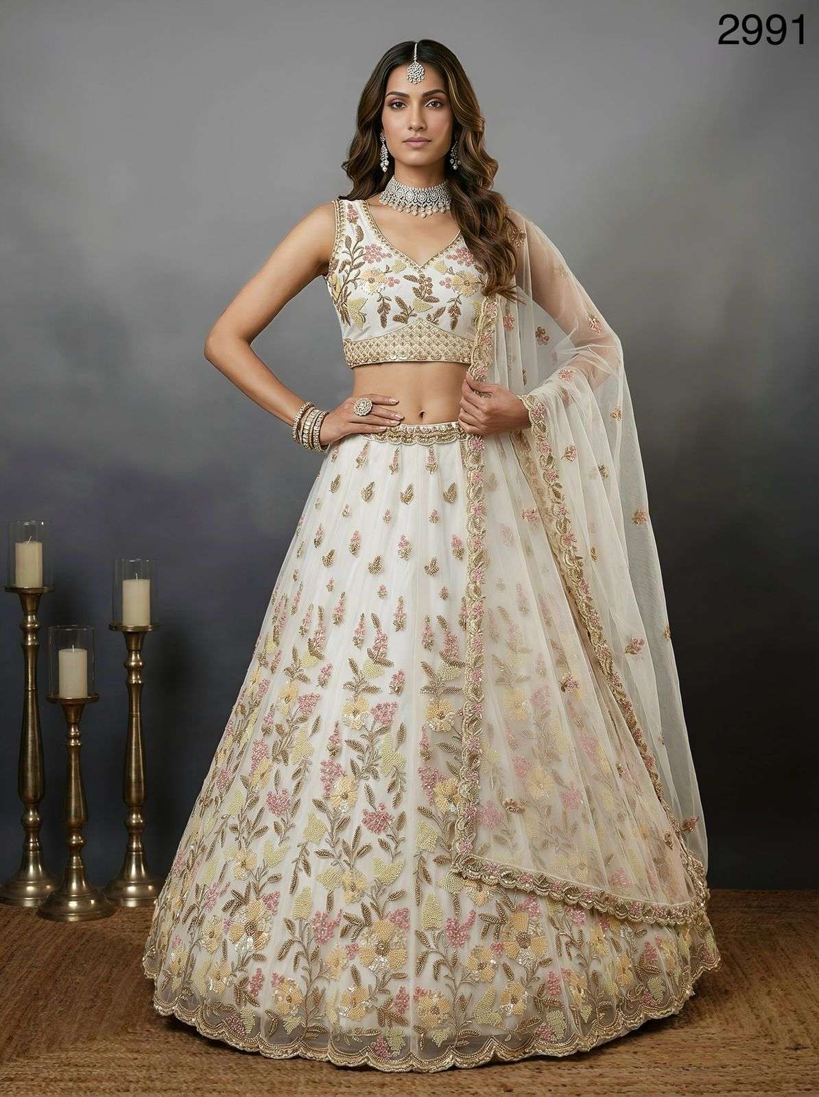 Gracefully Flower Pattern Work Designed Handwork White Lehen...