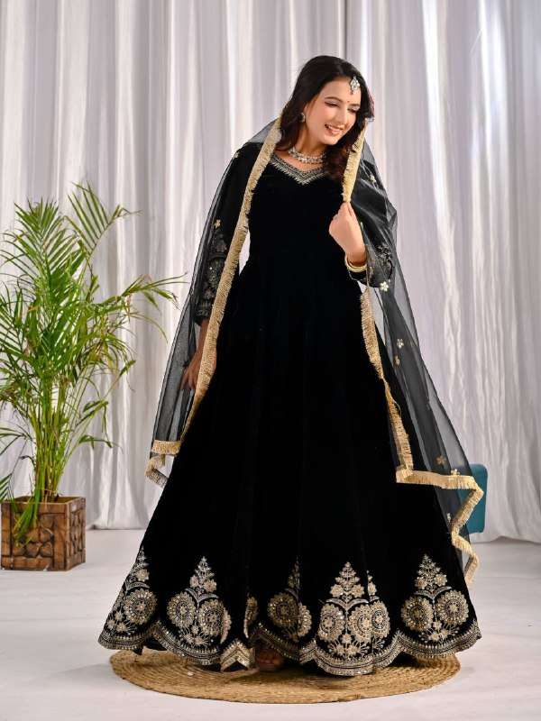 HIGH BRAND OUTFIT VELVET HEAVY EMBROIDERY ANARKALI SUIT EXPO...