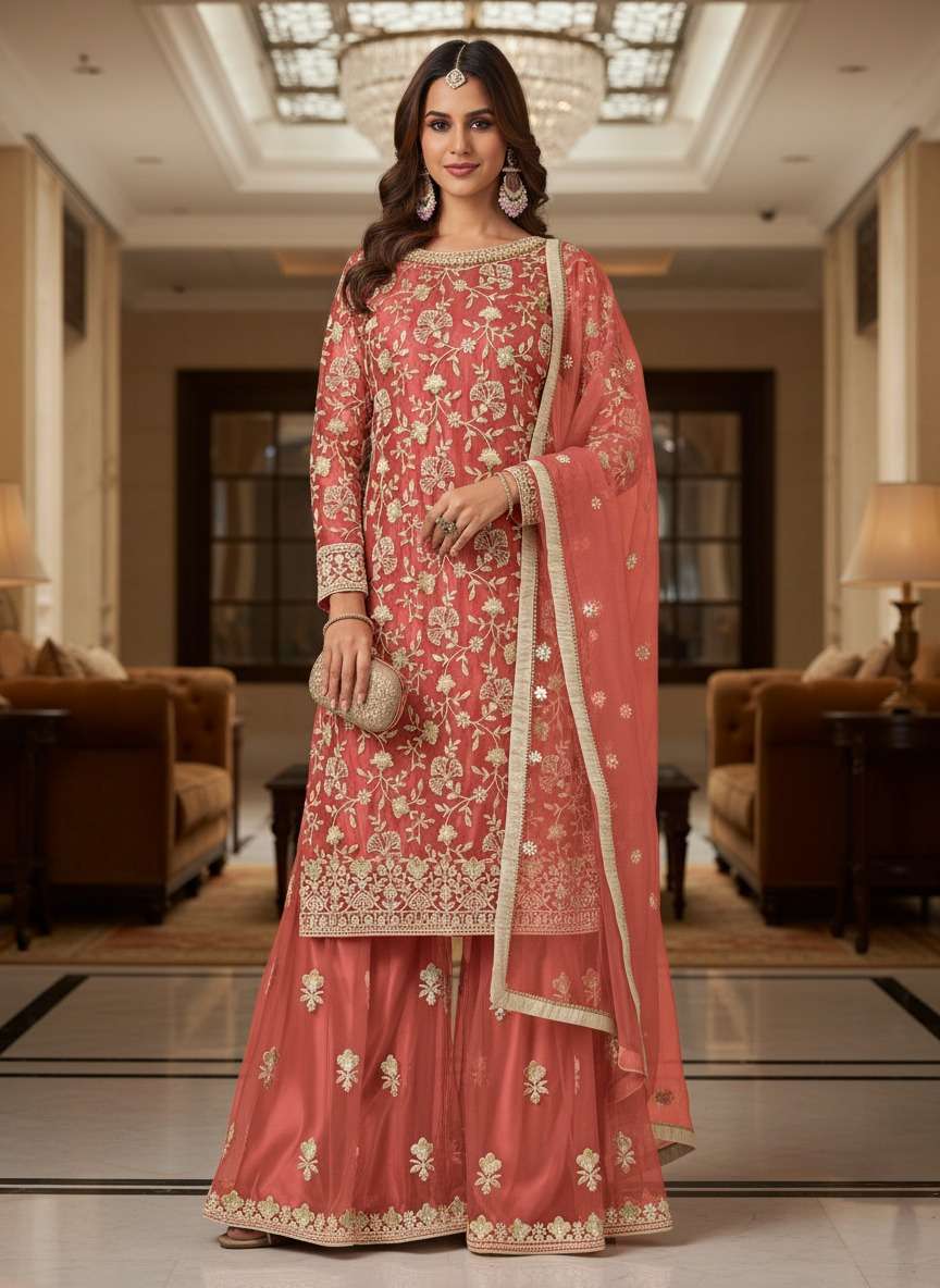HOF INDIAN SHADI SEASON WOMEN NET HEAVY WORK SHARARA SUIT CO...
