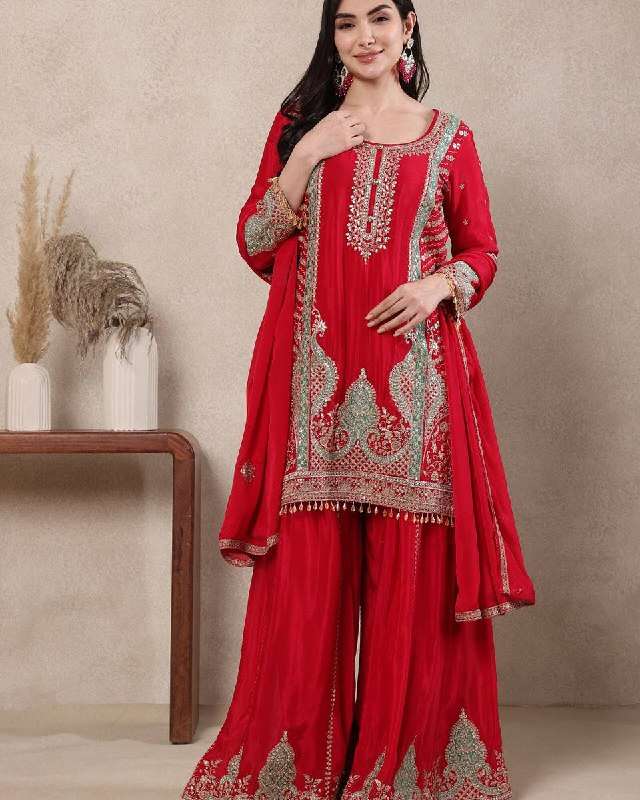 IFTAR PARTY WEAR SILK SEQUENCE STITCHED RED SHARARA SUIT BUY...