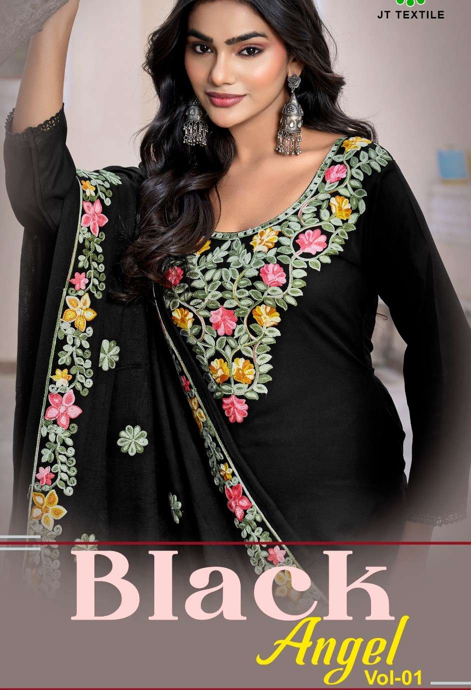 JAMATMAL BLACK ANGEL RAYON FABIRC MULTI COLOR DESIGN BLACK S...