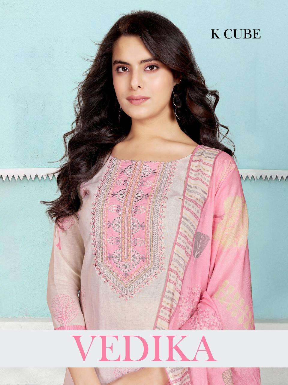 K CUBE VEDIKA 1026 LINEN BLOCK HAND PRINT 3 PIECE SUIT FOR L...