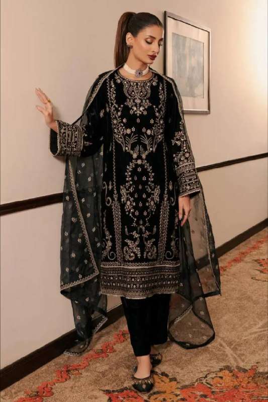 KOREAN SATIN SILK 5MM SEQUENCE WORK BLACK PAKISTANI SUIT SHO...