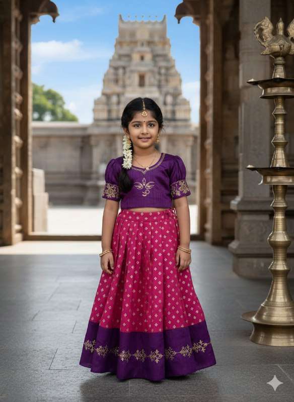 MAAMATA SOUTH LOOK KIDS WEAR MONO SILK BLOUSE AND LEHENGA BU...