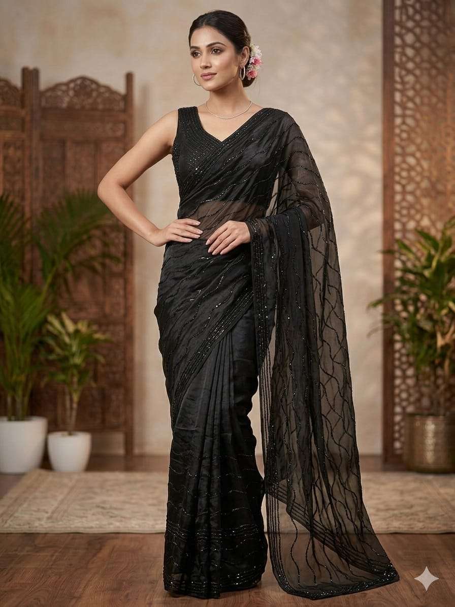 MP 744  Fancy satin Blooming  With Beautiful Black jarkhan...