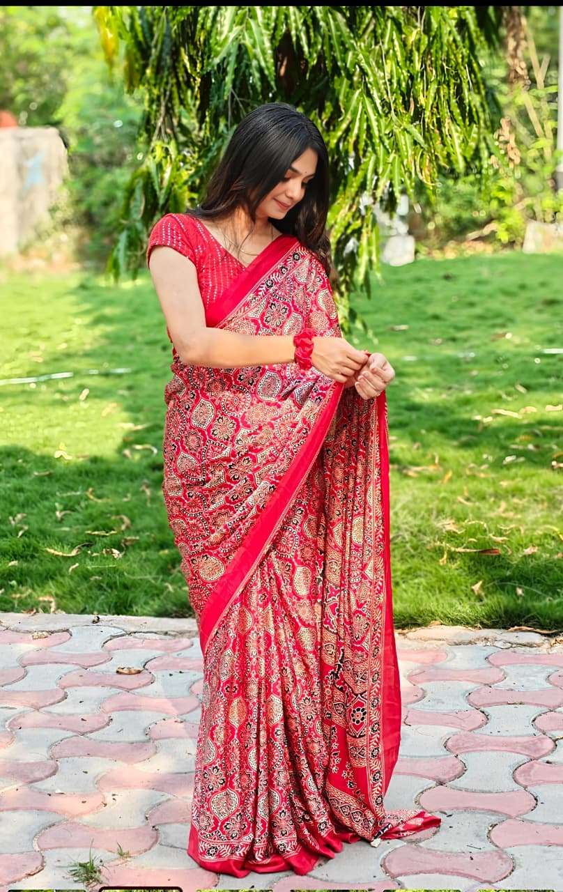new designer ajrakh red Semi modal silk super fabric regular...