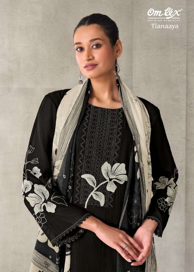 OM TEX TIANAAYA MAL CHANDERI SILK EMBROIDERY BLACK WHITE SAL...