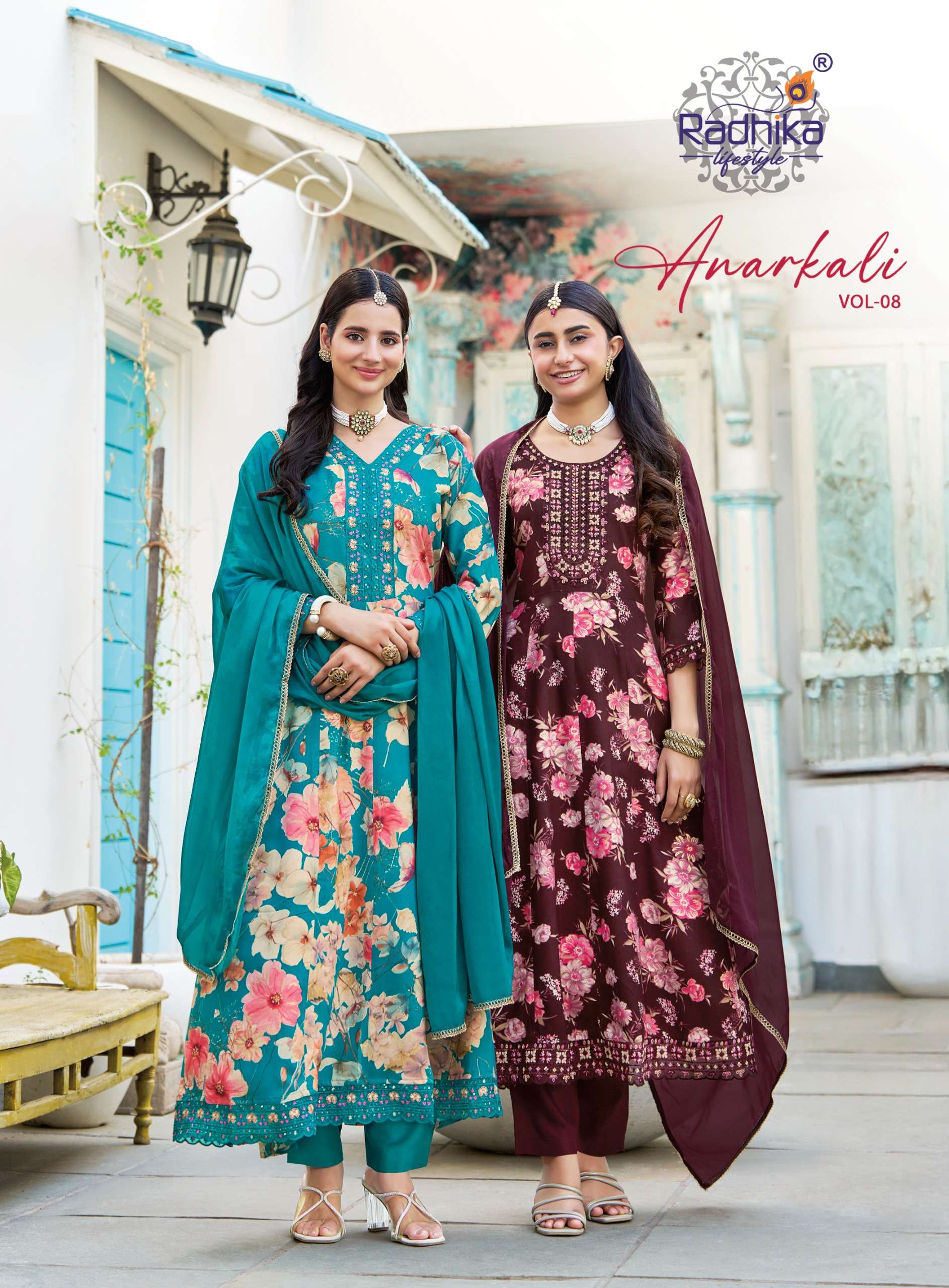 RADHIKA ANARKALI VOL 8 REYON FOIL PRINT EMBROIDERY WORK ANAR...