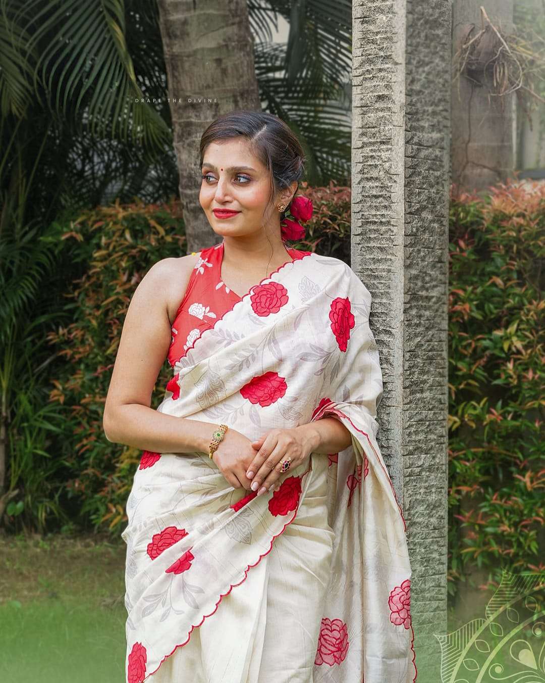 red rose Heavy handloom tussar silk Fabric with rose digital...