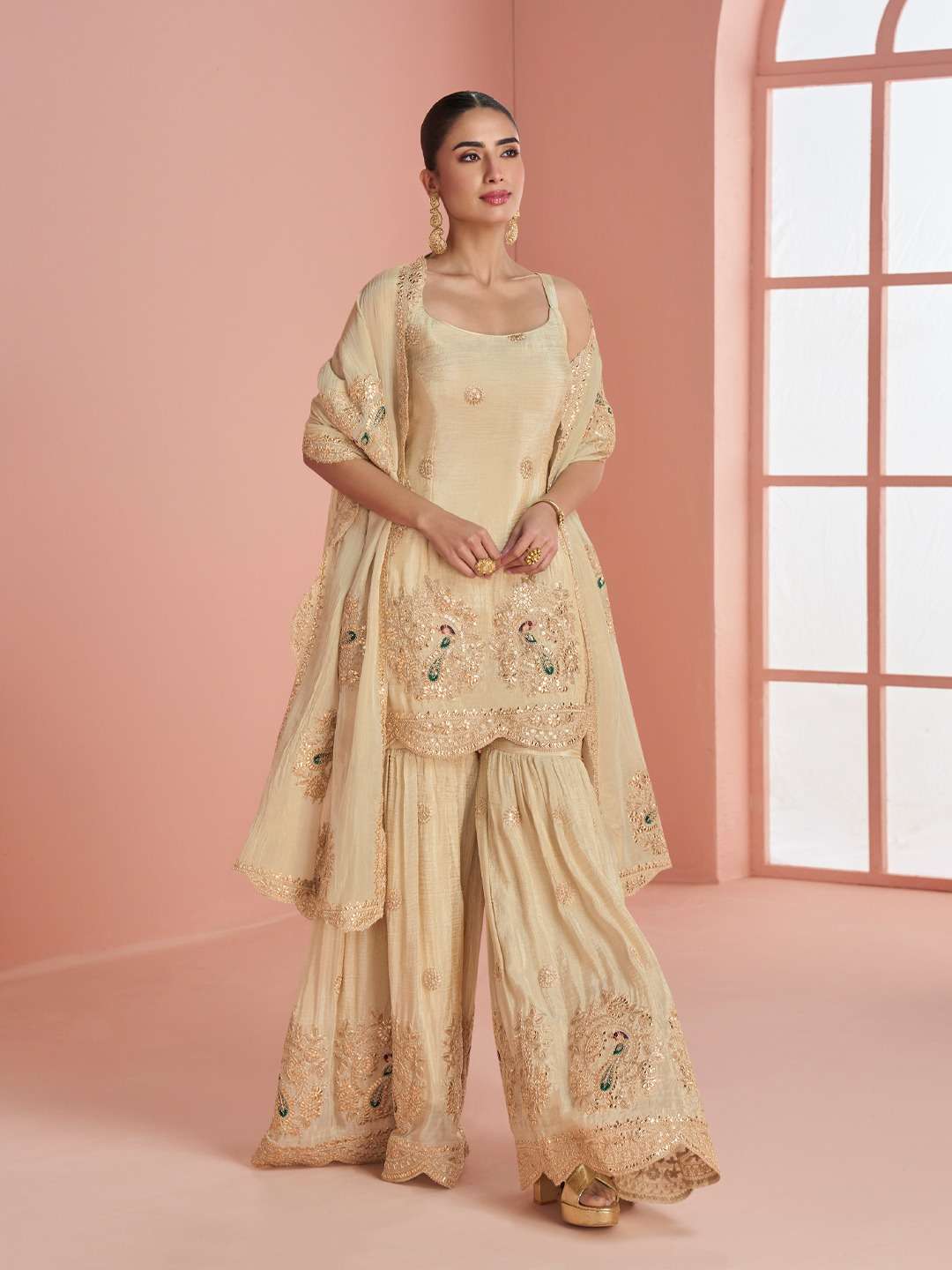 10127 VICHITRA SILK WITH EMBROIDERY STITCHED CREAM SHARARA S...