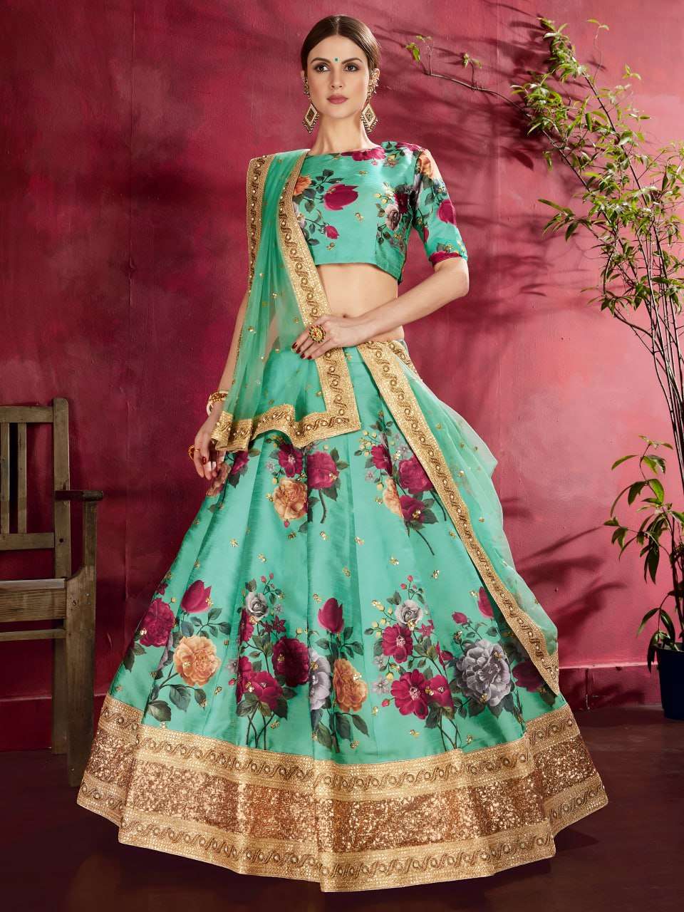 Sea Green fancy and coloring Floral Printed with Designer An...