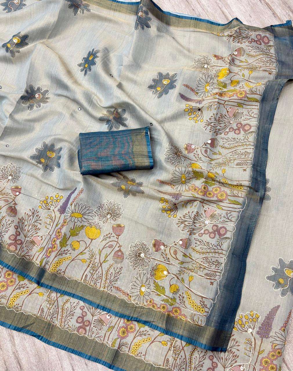 simpal and plian Zari Silk fabric Aari Mirror Work regular w...