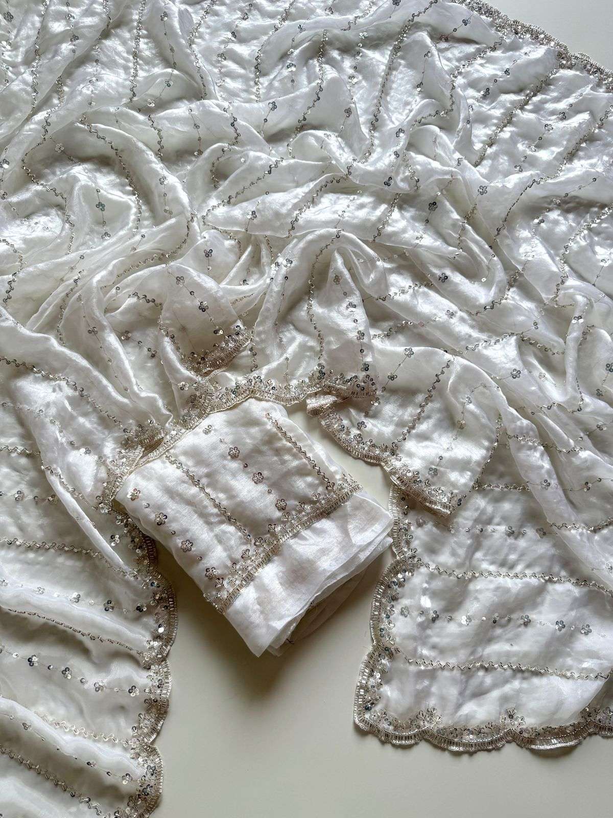 Soft Fancy Satin With Heavy Sequence Bids Embroidery Work Fa...