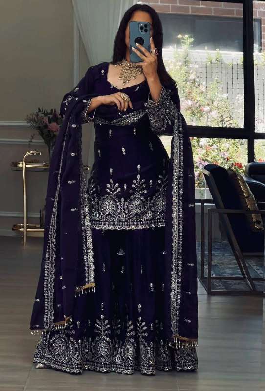 TRENDING READYMADE GEORGETTE SEQUENCE WORK BLUE SHARARA SUIT...