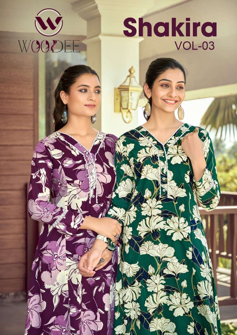 WOODEE SHAKIRA VOL 3 RAYON PRINT WITH LACE KURTI POCKET PANT...