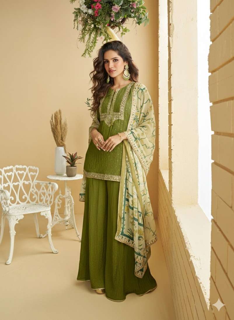 10072 READYMADE SILK WITH EMBROIDERY MEHNDI DAY GREEN PALAZZ...