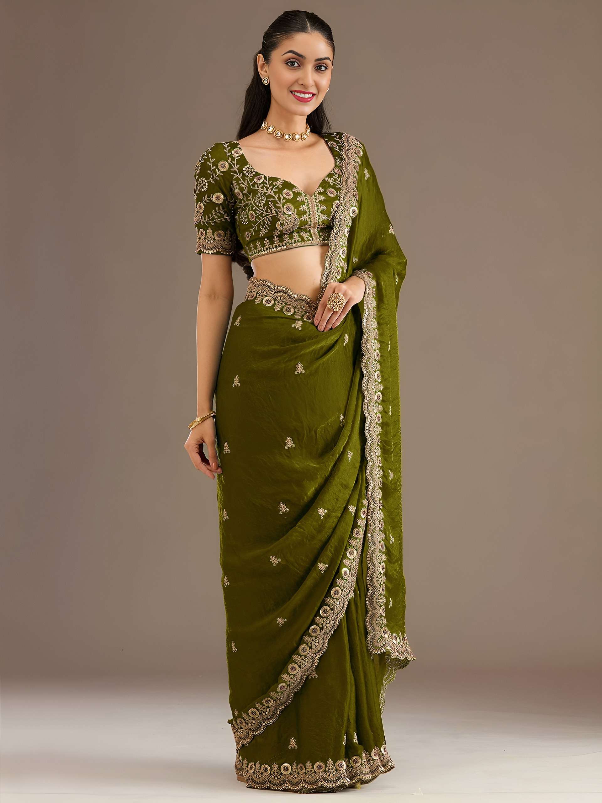 1026 Olive beautiful Olive Green Royal colour with regal Emb...