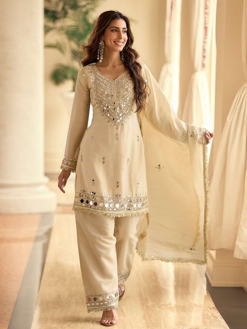 10270 VICHITRA SILK REAL MIRROR WORK CREAM SUIT FOR EID SPEC...